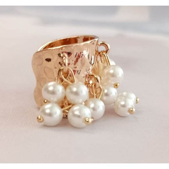 Adjustable Band Gold Plated Pearl Dangle Elegant Statement Ring - Picture 6 of 7